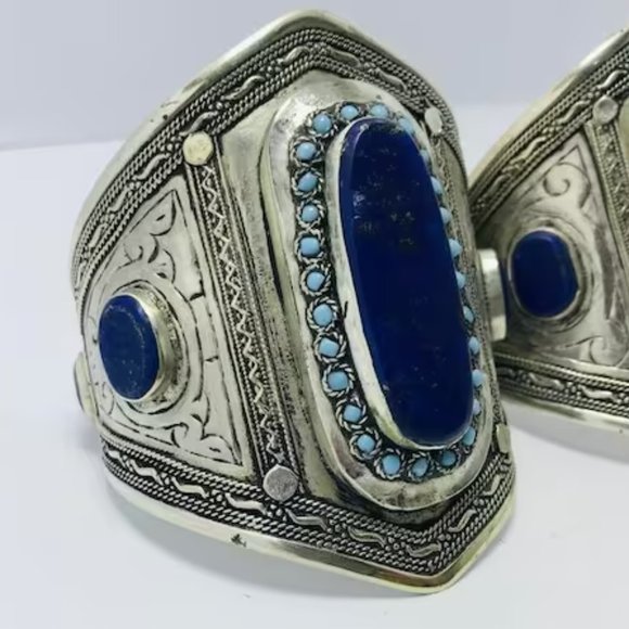 Single Vintage Afghan Cuff Bracelet: Lapis, Turquoise, Sterling Silver Tribal - Picture 5 of 12